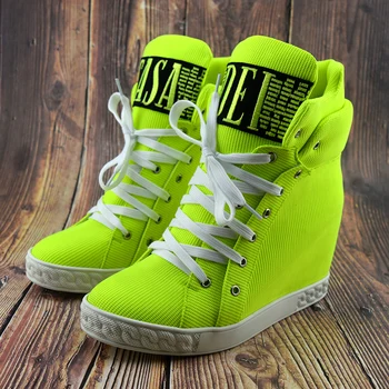 

High-top Shoes Women Light Green Hip Hop Style Hidden Heels for Women Sneakers Lace Up Fashion High Quality Real Leather