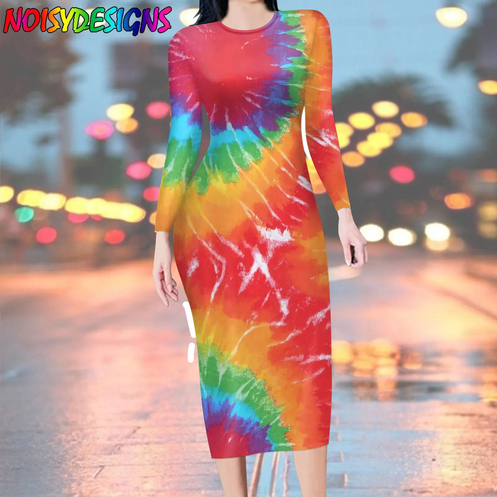 

NOISYDESIGNS Colorful Tie Dye Print Long Sleeve O Neck Long Dress 2021 Spring Autumn Women Elegant Robe Bodycon Dresses Vestidos