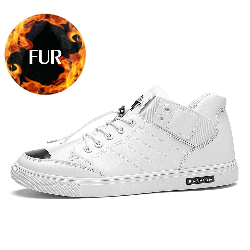 VRYHEID; коллекция года; сезон весна-осень; мужская повседневная обувь; кожаная модная дышащая мужская обувь с высоким берцем; Зимние ботильоны с теплым мехом внутри - Цвет: White Fur