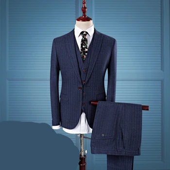 

Nevy Blue Male Slim Vertical Stripes One Button Business Suit Sets Party Prom Male Dance Three-piece Blazer Groom Wedding Wear