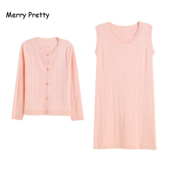 

MERRY PRETTY Womens Two Piece Sweater Sets 2019 Knitted Cardigan And Dress Winter Single-breasted Tops Straight Mini Dress