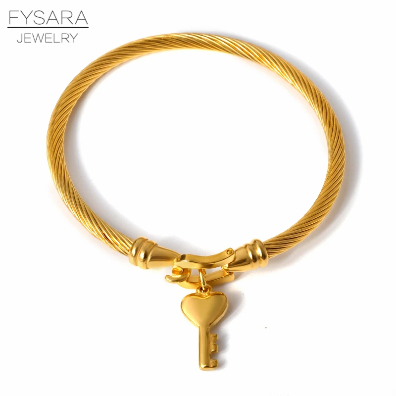 FYSARA браслеты с подвесками в форме сердца для влюбленных женщин и девушек браслеты-манжеты из нержавеющей стали брендовые дизайнерские браслеты на запястье золотого цвета - Окраска металла: key gold color