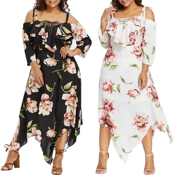 

Plus Size 5XL Women Summer Temperament Seven Points Sleeve Floral Print Irregular Sleeveless Sling Casual Dress