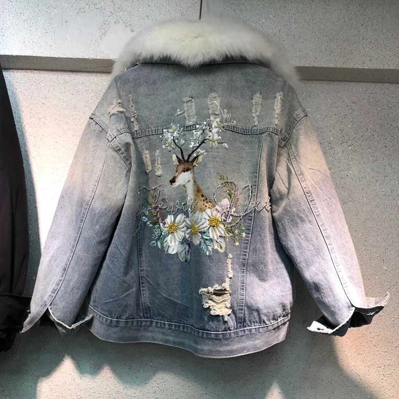 blue with white fur Зимнее теплое меховое пальто, Воротник из натурального Лисьего меха+ подкладка из искусственного кроличьего меха, деним с мехом, куртка, женская меховая парка в стиле ретро, меховая верхняя одежда F501 - Цвет: blue with white fur