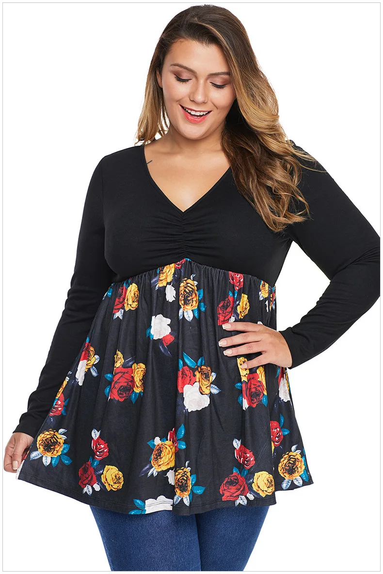 Lovelyfox, XL-5XL, длинный рукав, Babydoll, стильная футболка, высокая талия, размера плюс, туника для мамы, топы, модные, цветок, v-образный вырез, Длинная женская футболка