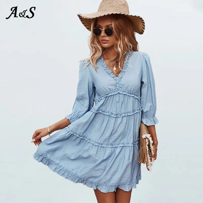 

Женское шифоновое мини-платье Anbenser, с расклешенным рукавом и V-образным вырезом, Пляжное повседневное винтажное праздничное платье с вышивкой, на лето