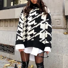 

Casual Houndstooth Pullover Knitted Sweater Top Autumn Winter Long Sleeve Loose Oversized Sweater Women Turtleneck Jumpers Black