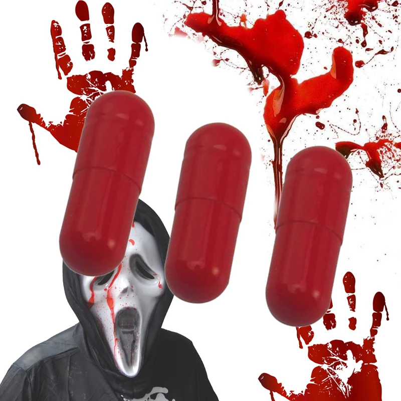 Cápsulas de sangre falsa para Halloween, juguete de broma y truco de broma de fiesta de Cosplay, cápsulas de pastilla de sangre falsa divertida de Horror para Halloween, 3 uds.