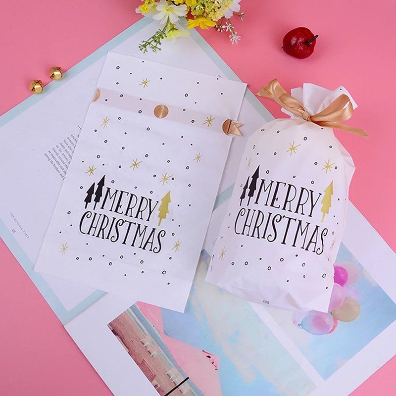New 10 Pieces White Golden Christmas Tree Merry Christmas Gift Bags Candy Bags For Merry Christmas