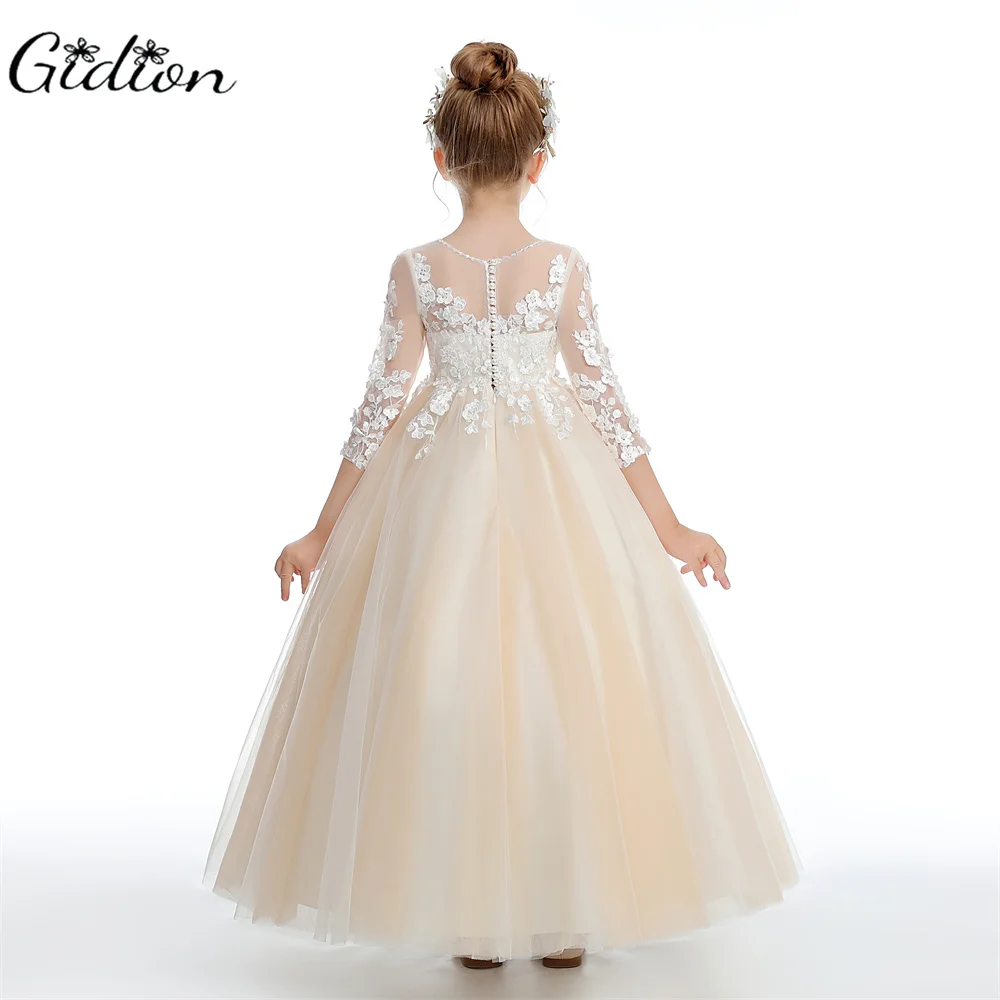Puffy Tulle Appliques Baby Ball Gown Flower Girl Dresses Long Sleeve Princess Dress Wedding Party Dress First Communion