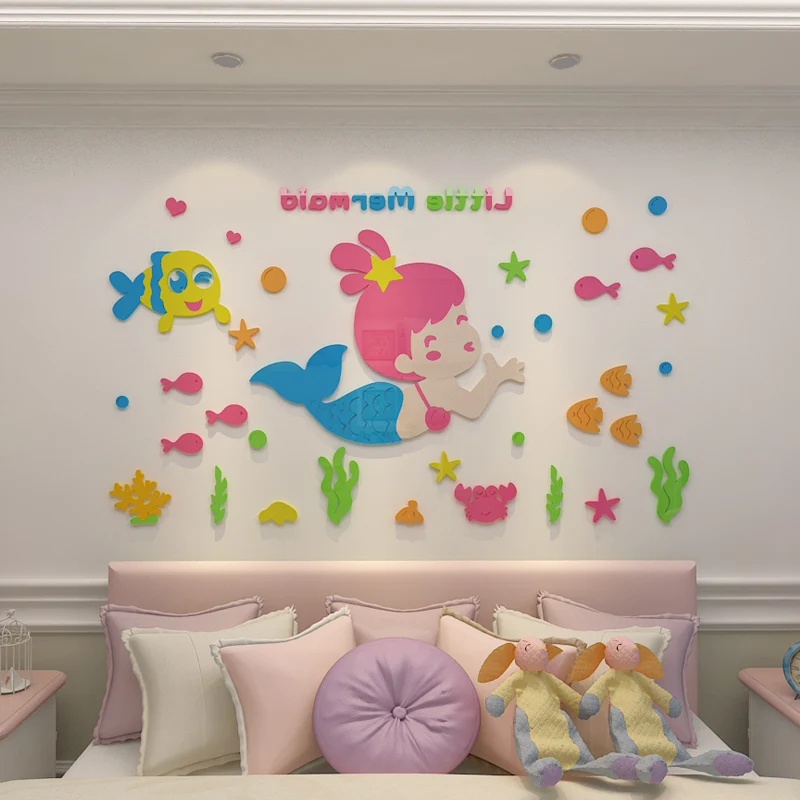 

3D cartoon lovely little mermaid Home decor wall 3D acrylic wall sticker for kids room wall decals