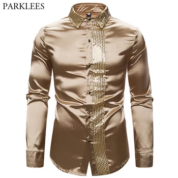 

Mens Shiny Sequin Dress Shirt Satin Smooth Silk Men Tuxedo Shirts Wedding Prom Party Men Shirts Long Sleeve Camisa Masculina USA