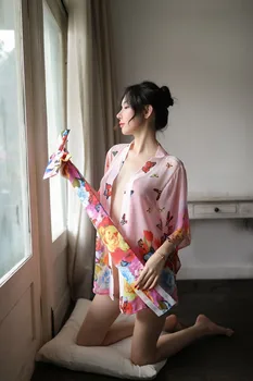 

Japanese Kimono Sexy Deep V-neck Floral Printed Kimono Dress Womens Bath Robe Sleepdress