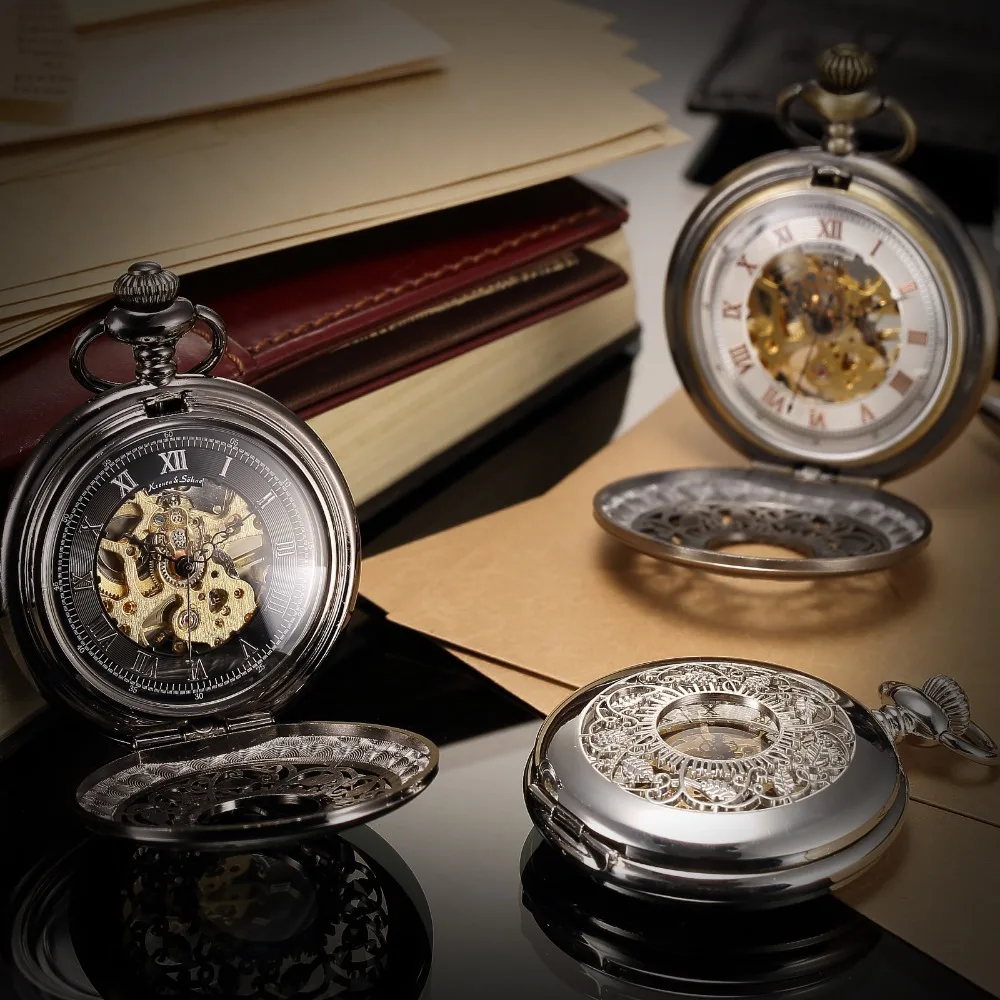 KS Retro Skeleton Roman Numerals White Dial Classical Alloy Case Male Long Chain Clock Men Mechanical Pocket Watch Gift /KSP048