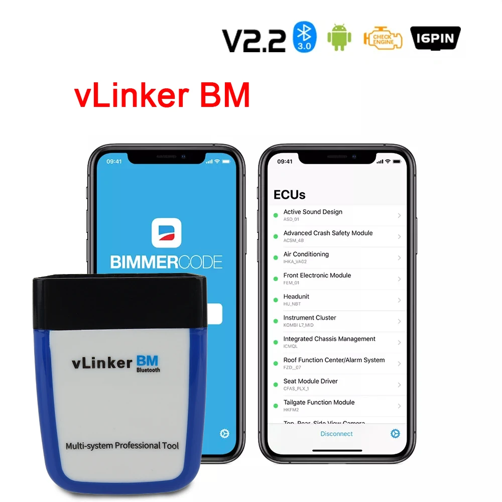 BMW Bimmercode vLinker BM용 자동차 진단 도구, 코드 리더 수리 도구, ELM327 V2.2 블루투스 3.0 OBD2 스캐너