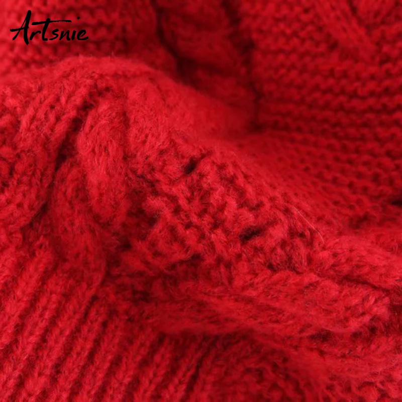 Artsnie, осень, красный Повседневный свитер для женщин, круглый вырез, рукав-фонарик, джемпер, пуловер, зимний, вязанный, большие свитера, mujer pull