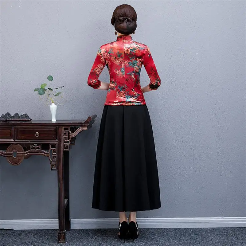Винтаж ручной работы Кнопка Cheongsam 2 шт. Комплект женский традиционный цветочный принт Qipao Мода Атлас qipao Vestidos