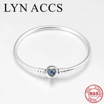 

2019 New blue heart CZ Round buckle 925 Sterling Silver Bangle for Women Gift Classic Charm Snake Bone Chain Bracelets Jewelry