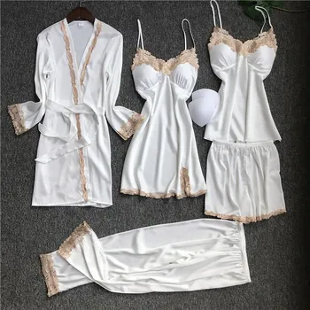 

Sexy Women's Robe & Gown Sets Lace Bathrobe + Nightwear 5 Pieces Sleepwear Women's Pyjamas Set Silk Pajamas Soft Femme Lingerie