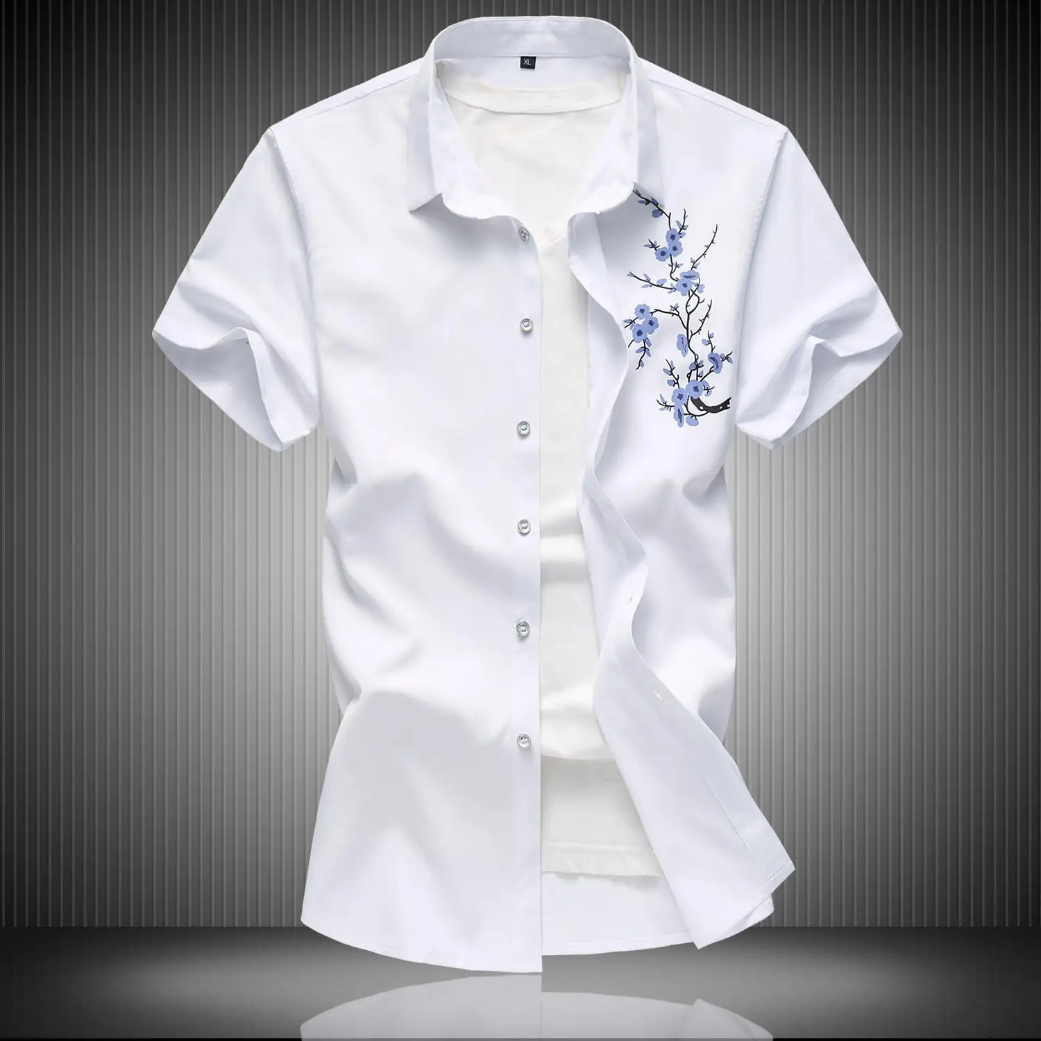 

New Style MEN'S Shirts Korean-style Slim Fit Short Sleeve Shirt Summer Plum Printed Large Size Men'S Wear