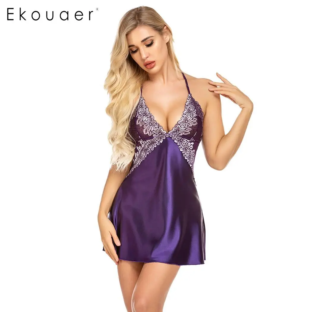 Ekouaer, Женское ночное платье, сексуальная одежда для дома, кружевное, из кусков, сексуальное, на бретельках, нижнее белье, ночная рубашка, женская летняя одежда для сна