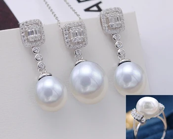

MeiBaPJ 925 Sterling Silver Classic Square Jewelry Set Natural Pink Pearl Pendant Ring Earrings Wedding Jewelry for Women