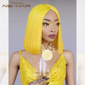 

AISI HAIR 14 Inch Synthetic Wig Middle Part Yellow/Red/Pink/Blue/Purple/White Straight Short Bob Wig for Black Women Natural Wig