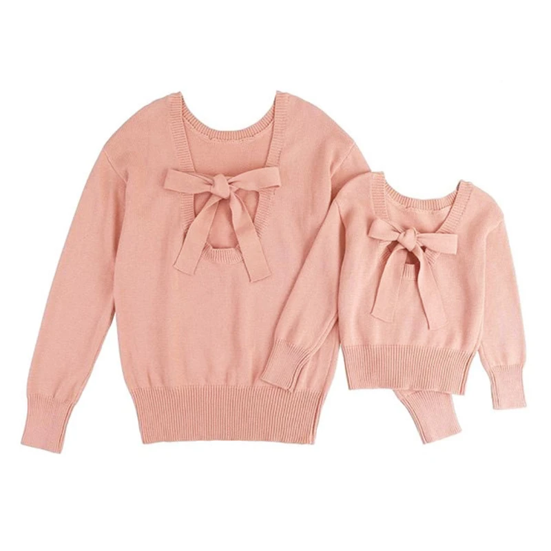 

Winter Knit Sweater For Mother and Daughter Solid Colar Back Bowknot Warm Sweaters Tops Family Matching Outfits Baby Girl Jumper