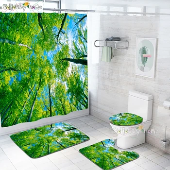 

3D Sky With Green Wood Gap Scenery Waterproof Shower Curtain Bathroom Landscape Tree Flower Bath Mat Set Pedestal Rug Lid Toilet