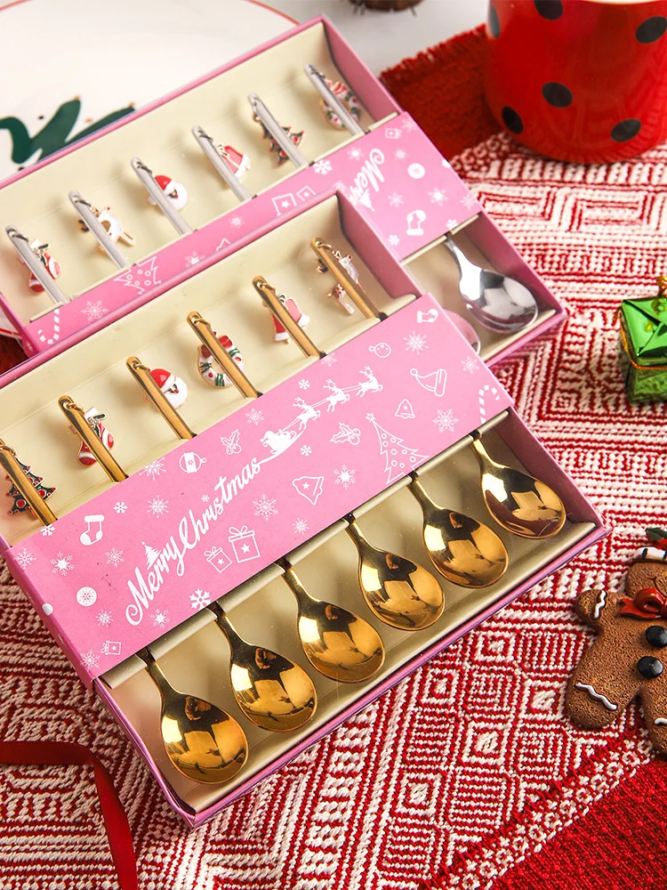 Christmas Gift Party Desserts Ice Cream Coffee Mixing Spoons Stainless Cutlery 6 Pieces 1 Set Cafe Shop Home Resturant Use