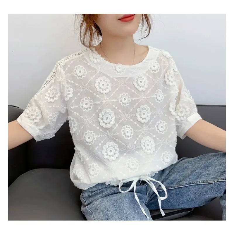 

Surface flowers stitch embroidery short sleeve white cotton shirt blouse 1561-LH