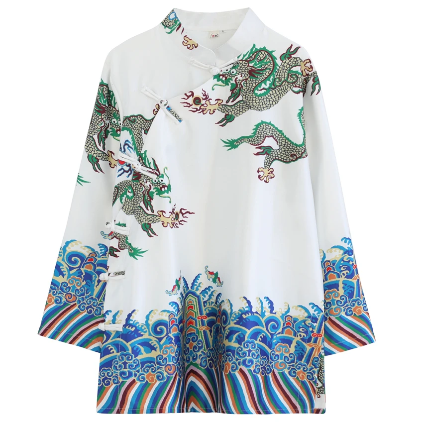 Traditional Chinese Clothing for Men Long Sleeve Shirt Print Dragon Mens Retro Tang Suit Chinese Fashion Style Cheongsam Top