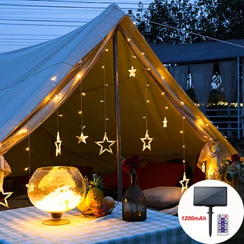 

Solar Light Fairy Moon Star Curtain Light With Remote Waterproof 3.7V/1200mAh Decorate Christmas Party Room Garden Light