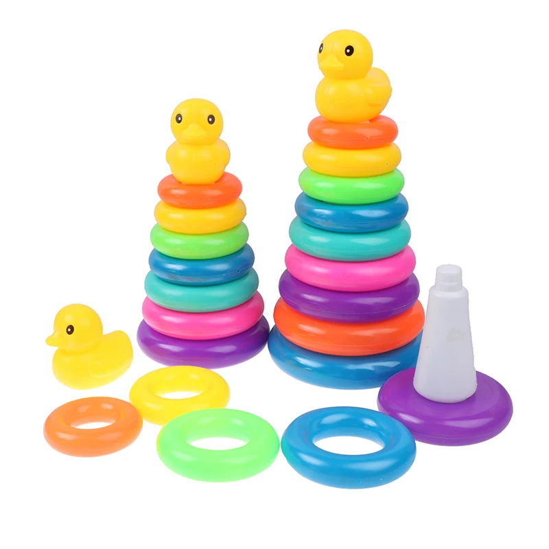 Juguete educativo para niños, juguete infantil de rompecabezas con forma de pato amarillo, torre de arcoíris, Círculo de apilamiento, para la primera infancia, 1 unidad