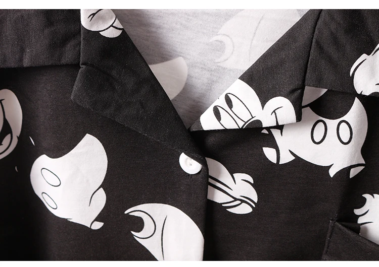 Caiyier женский черный пижамный комплект с принтом Микки Мауса, пижама с длинным рукавом, Хлопковая женская повседневная домашняя одежда с отложным воротником