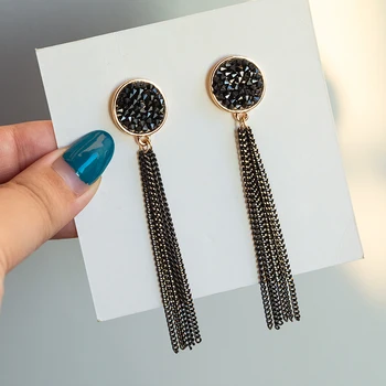 

BICUX 2019 New Fashion Crystal Black Plated Tassel Dangle Hanging Drop Earrings for Women Korean Rhinestone Long Earring Jewelry
