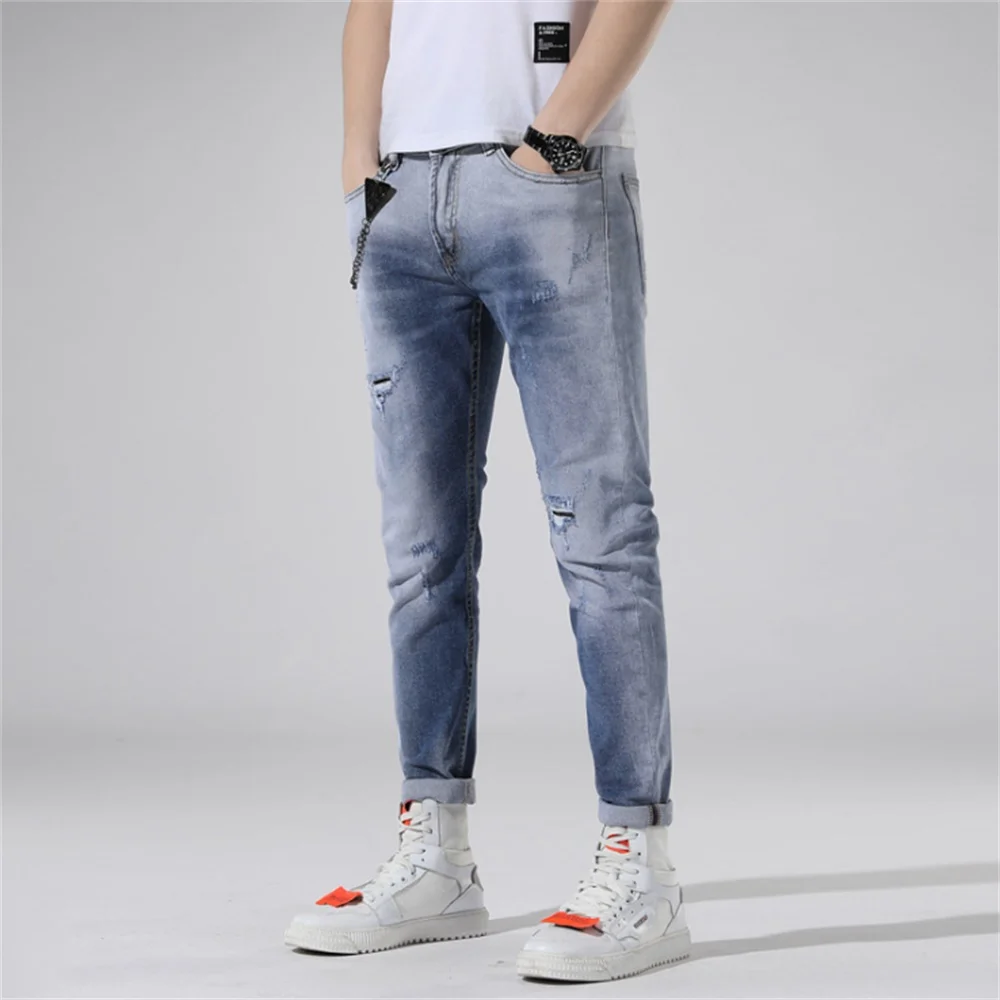 EH · MD® Pearl Pendant Decorated Jeans Men's Embroidered Broken Pants Ink Pants Painted Letters Slim Cotton Red Ears Soft 2021