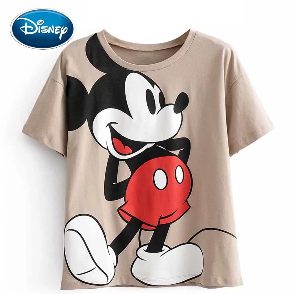 Disney Cute Mickey Mouse Cartoon Print Khaki T-Shirt Casual Fashion Women  O-Neck Pullover Short Sleeve Harajuku Loose Tee Tops _ - AliExpress Mobile