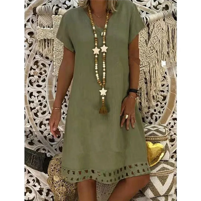 Plus Size Cotton Linen Loose Dress Women Casual V-Neck Elegant Party Summer Dresses 5 Colors Vestido