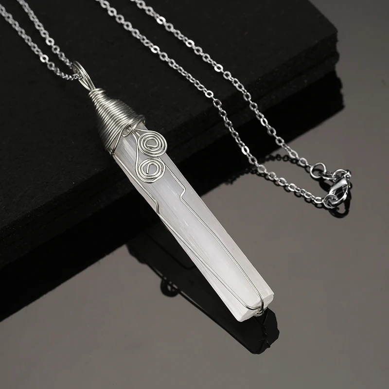 Reiki Healing irregular Raw stone Pendant necklace Natural Selenite Sticks Wands Rough Gypsum Crystal Pendant Handmade jewelry