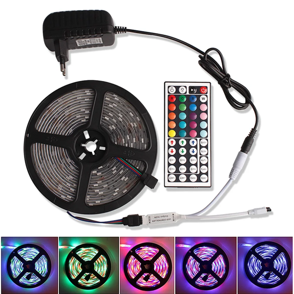 

2835 Ribbon RGB Led Strip DC 12V 5M 60 LEDs/m Flexible Waterproof Tira Led Light Strips Diode Tape IR Controller + Power Adapter