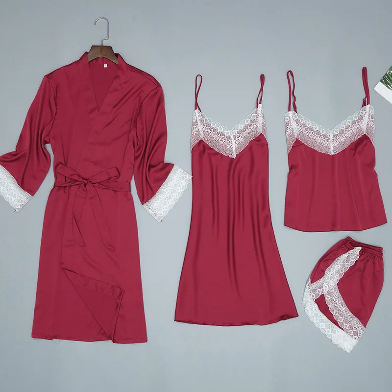 Женская домашняя одежда пижамы 4 шт. ремень топ брюки костюм пижамы наборы женская ночная сорочка соблазнительное кимоно Ночной халат ночная рубашка