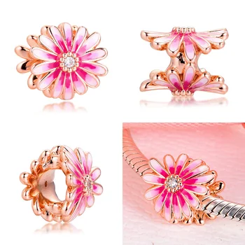 

Fit 925 Silver Original Charms Bracelets Pink Enamel Daisy Charm Beads Pendant For Sterling Original Bangle Jewelry Making DIY