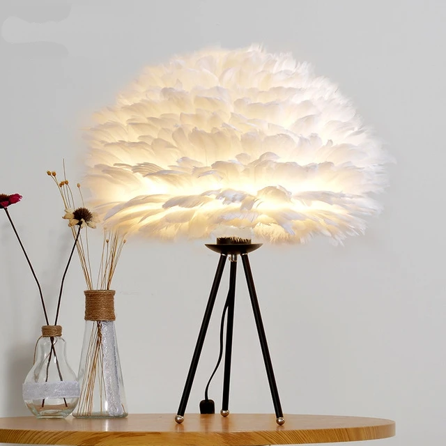 

110/220V White Feather Table Lamp Bedside Desk Vintage Night Light Brightness Button Dimmer Switch Soft Warm Atmosphere
