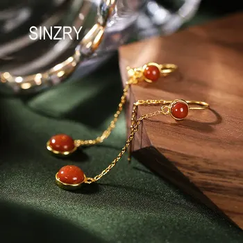 

Sinzry NEW 18KGP 925 Sterling Silver Creative SouthRed Jade stone vintage drop Earrings Women silver fine jewelry