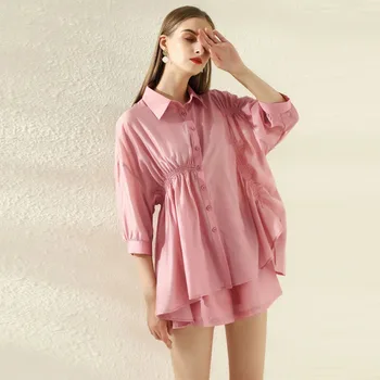 

European 20 tightness of spring and summer dress lapel bat sleeve shirt shirt + shorts two piece suit