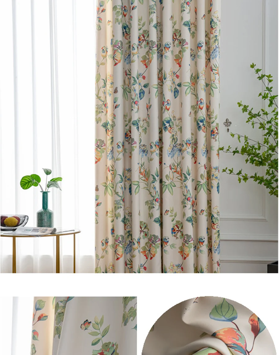 Flower Birds Semi-Shading Silk Satin Fabrics Bedroom Curtains American Country Pastoral Retro Blinds For Living Room Decoration