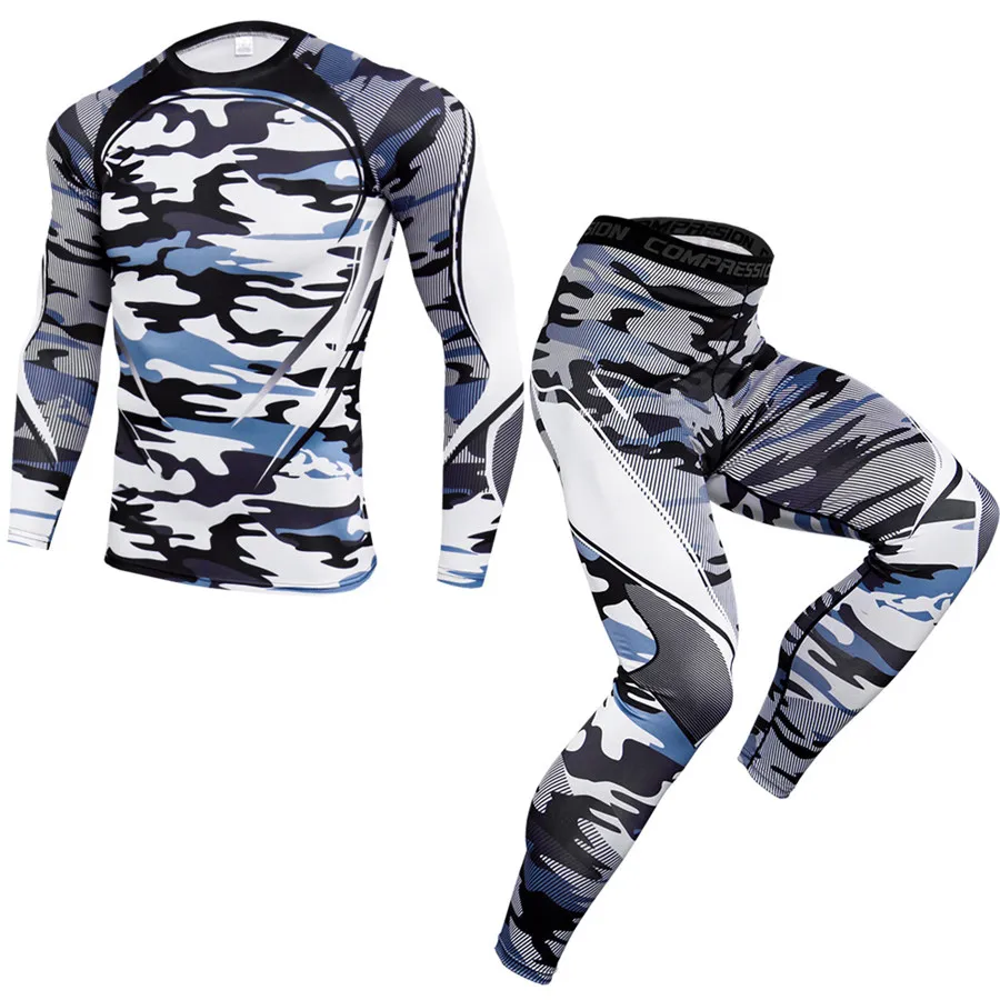 Тренировочный камуфляж колготки мужские спортивные костюмы обтягивающие комплект для бега мужские 2 шт. быстросохнущая футболка+ спортивный костюм для бега