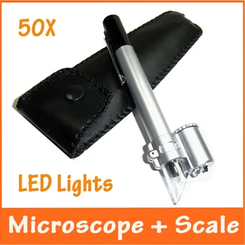 

Hot! 50X LED Illuminated Pen-like Reading Glass Pocket Microscope Lighted Magnifier Jewelry Loupe with Lamps Scale 1DIV/0.05