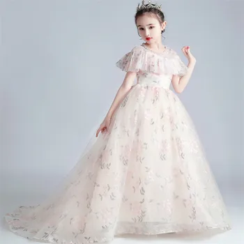 

Model Shows Children Catwalk Performance Piano Costumes Princess Long Tail Mesh Dress 3~14T Girls Kids Birthday Evening Dresses